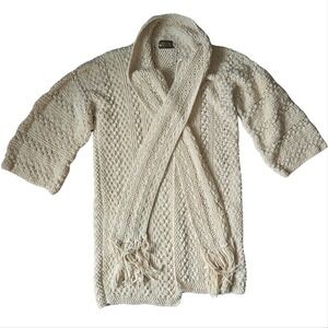 Vtg Indie Boho Cottagecore Cream Cardigan Scarf Closure W/ Fringe Size L Pockets